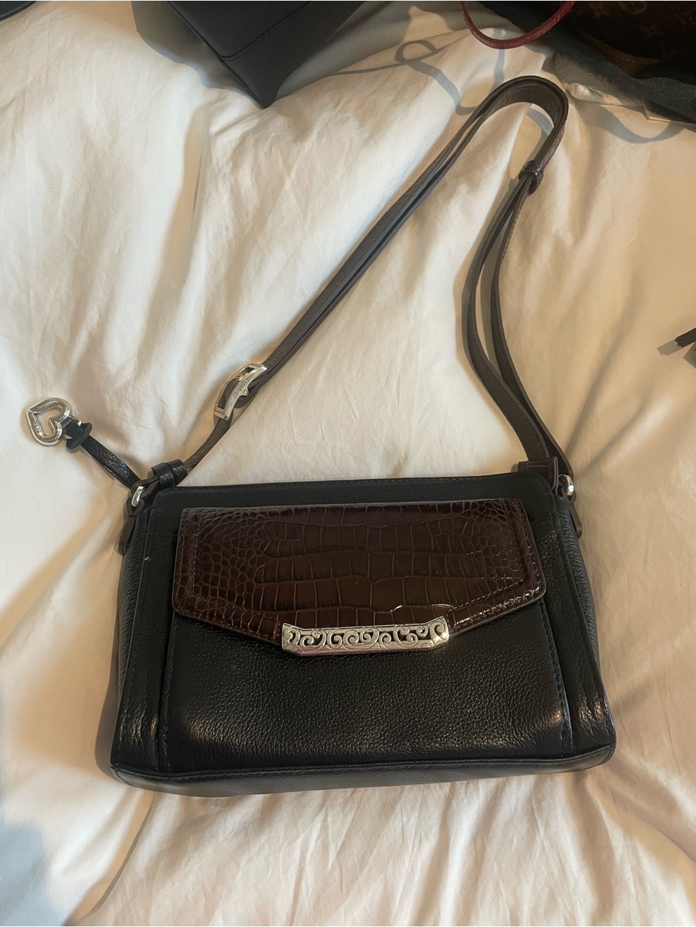 Brighton Black Leather Crossbody with Brown Croc-Flap and Silver Hardware
